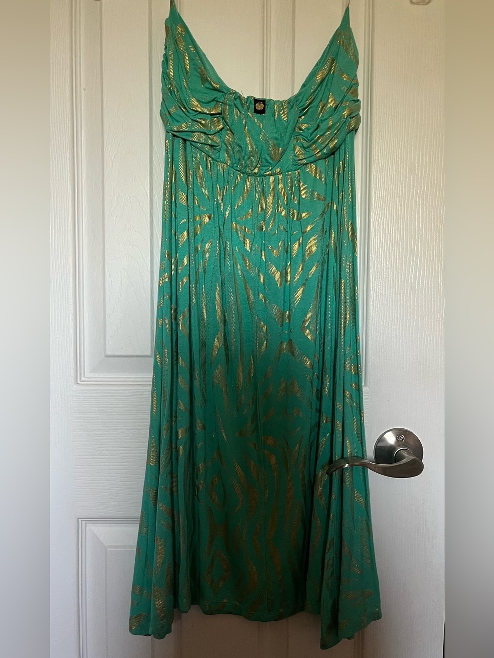 Apple Bottoms Teal Strapless Maxi Dress with Gold Metallic Print